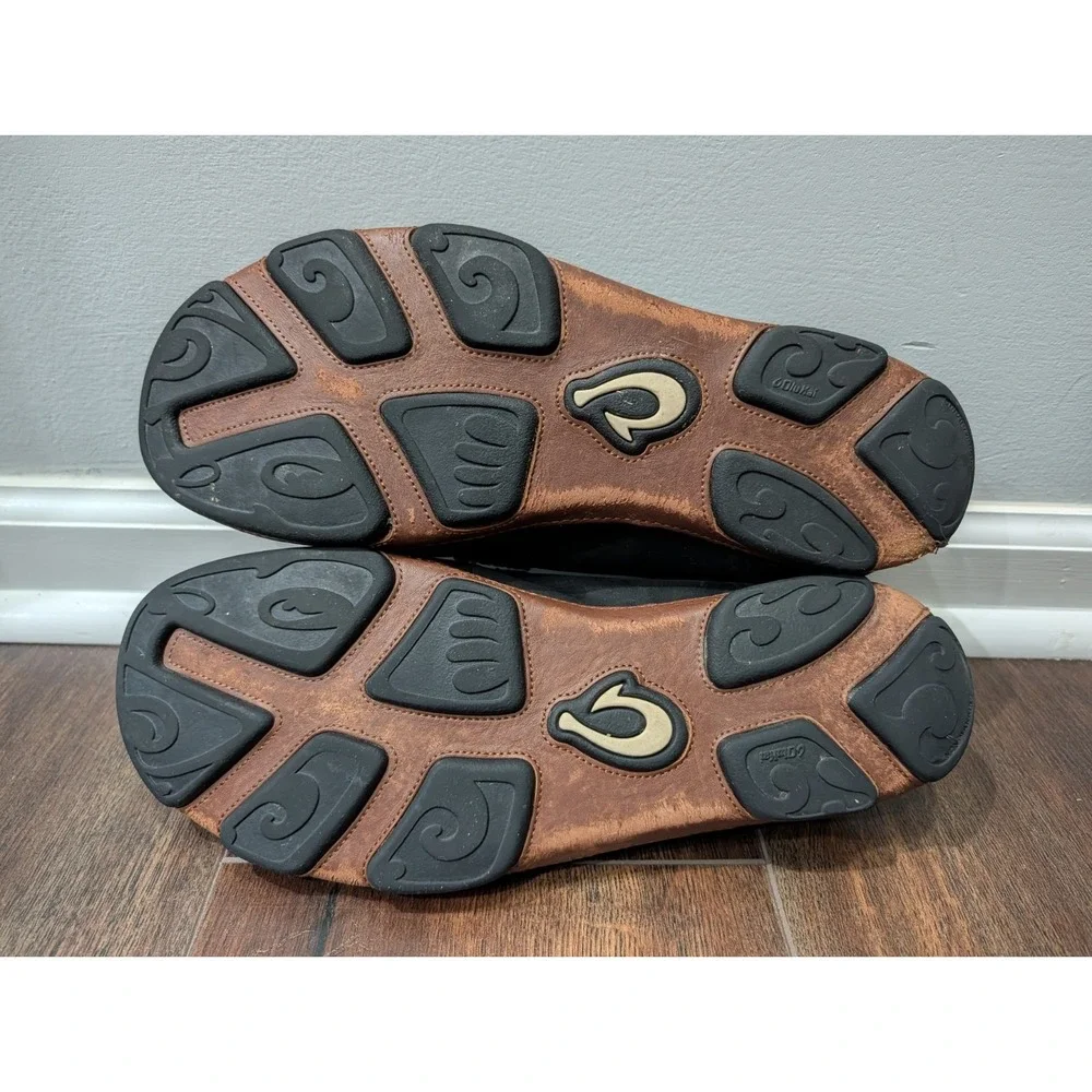 OluKai Mens Moloā Leather Slip On Shoes Black Toffee Size 11.5 Nubuck Drop Heel